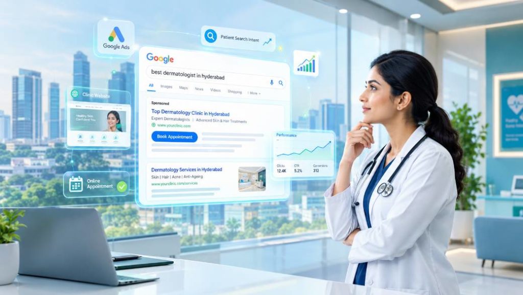 DrRise healthcare digital marketing image showing a doctor viewing Google Ads and patient search analytics.