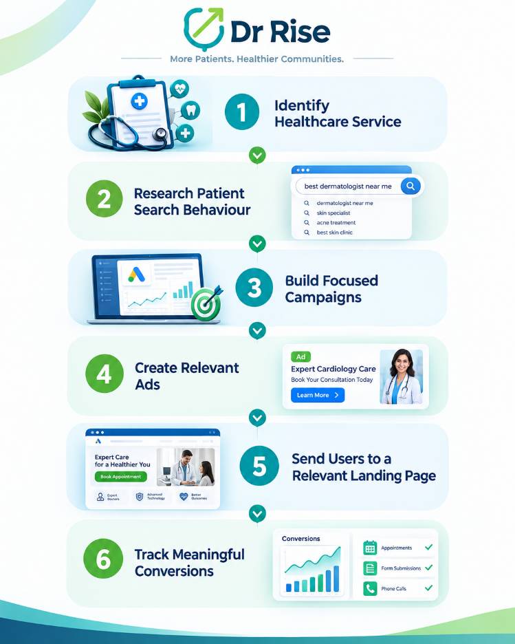 DrRise infographic explaining the 6-step healthcare Google Ads process.